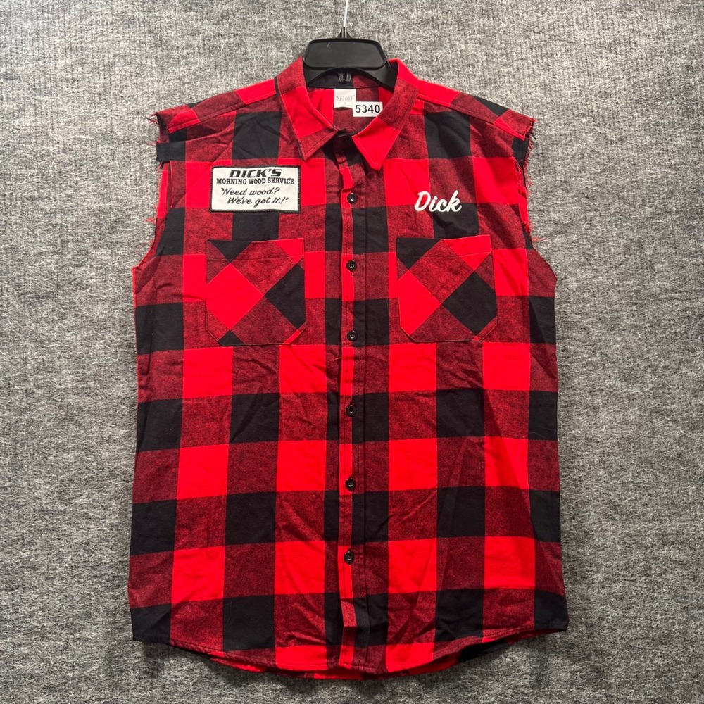 Spirit Halloween Dicks Morning Wood Service Red Plaid Cutoff Flannel Shirt Small